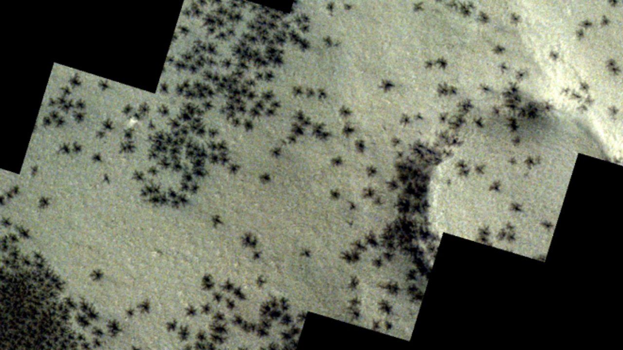 What are the 'spiders' that the European Space Agency has photographed on Mars?