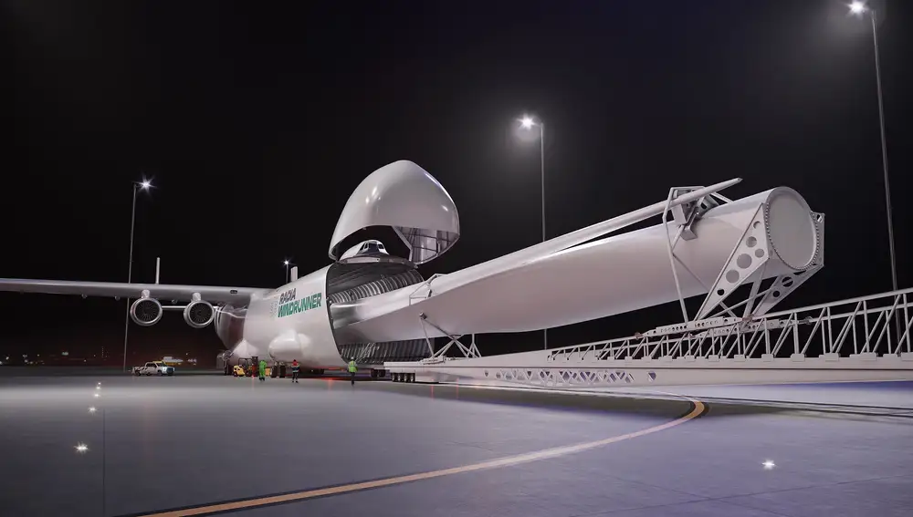 Simulation of how a wind turbine blade would be introduced inside the Windrunner