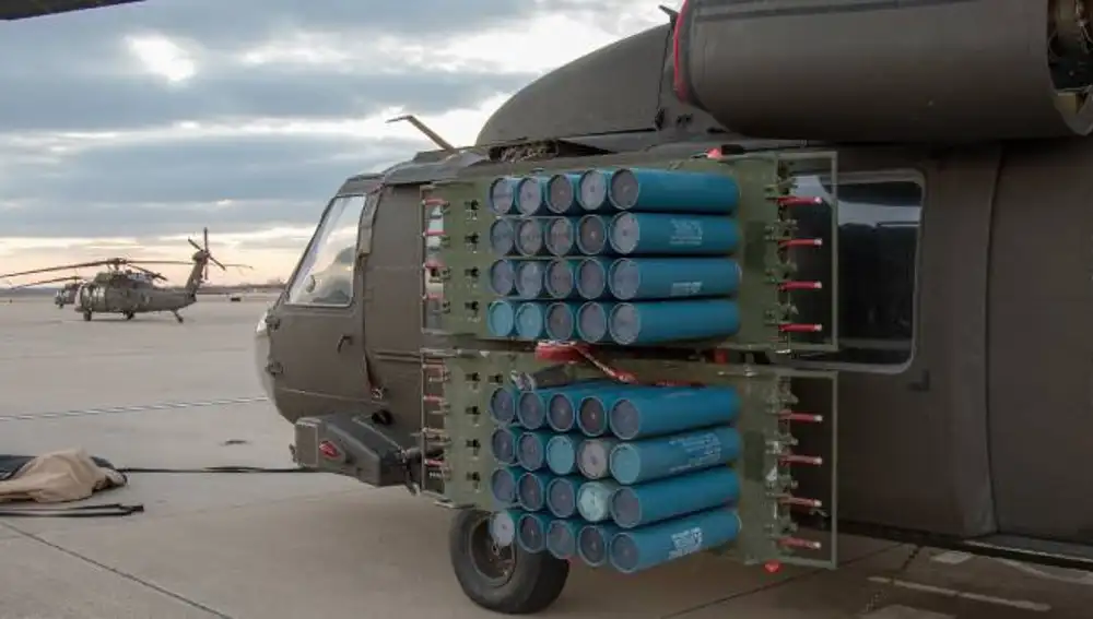 UH-60 Blackhawk helicopter equipped with the M136 Volcano system.