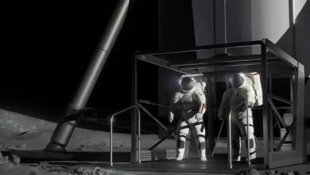Astronauts descend to the lunar surface in an elevator from Starship HLS.