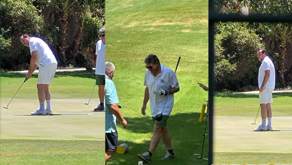 The Ministers Óscar Puente and José Luis Escrivá, at different times of their Golf morning in San Juan (Alicante)