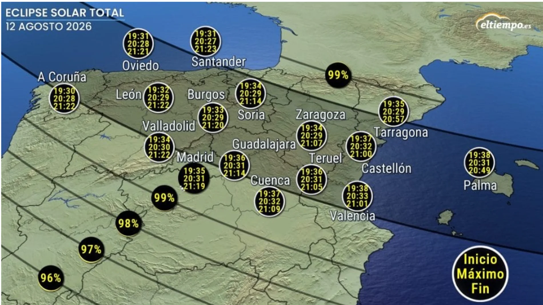 Where to best see the total solar eclipse of 2026 in Spain: the areas with the least clouds according to the latest weather forecast