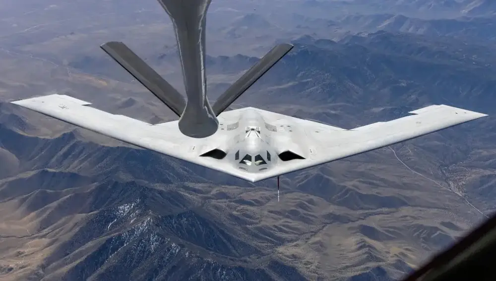 B-21 Raider in a refueling maneuver.